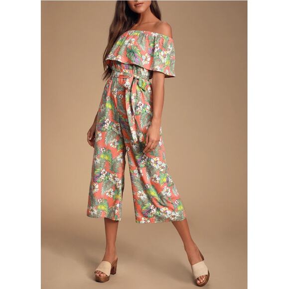 New LULU'S Women's Raquell Coral Tropical Print Off-The-Shoulder Jumpsuit Size S - Picture 1 of 6